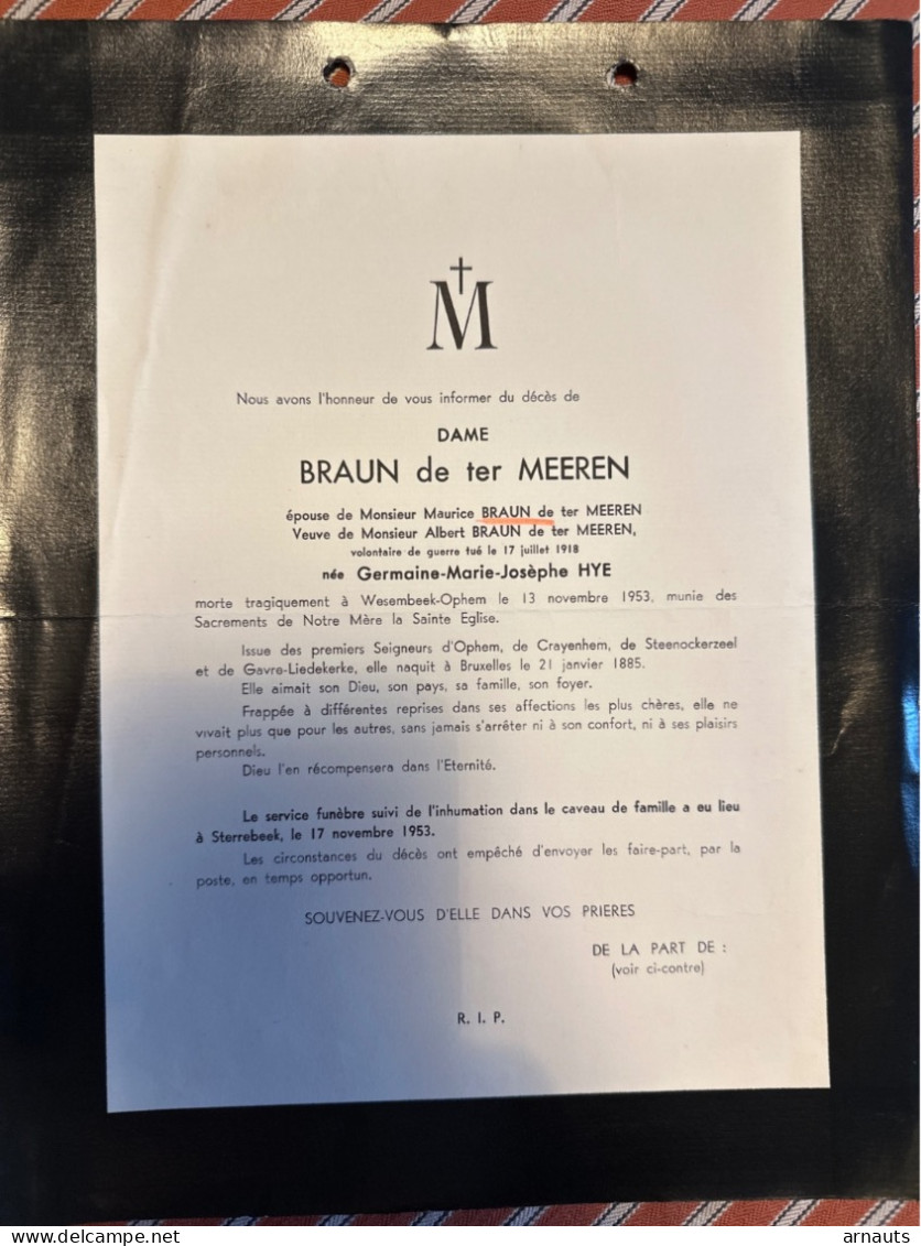 Dame Braun De Ter Meeren Ep. Maurice & Albert Braun De Ter Meeren Nee Hye +1953 Wezembeek Van Den Kerckhove ( Kerckhoven - Décès