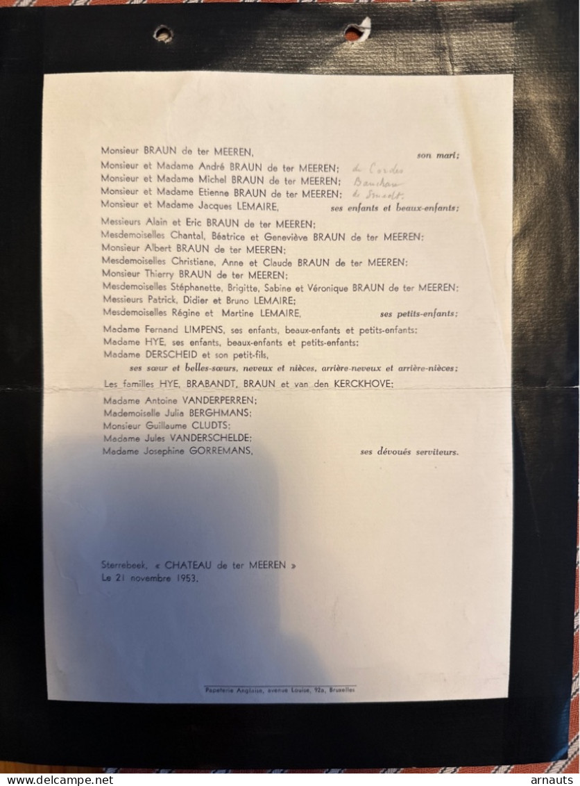 Dame Braun De Ter Meeren Ep. Maurice & Albert Braun De Ter Meeren Nee Hye +1953 Wezembeek Van Den Kerckhove ( Kerckhoven - Obituary Notices