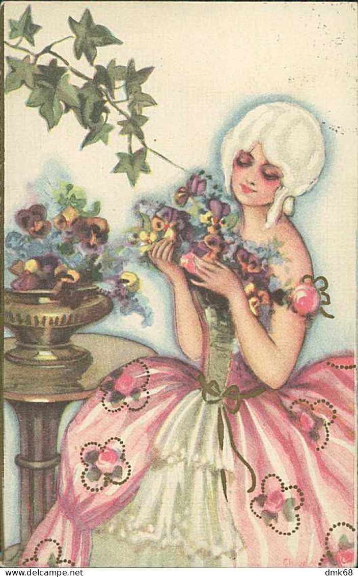 CHIOSTRI SIGNED 1920s POSTCARD - WOMAN & FLOWERS - EDIT BALLERINI & FRATINI 202 (5630) - Chiostri, Carlo