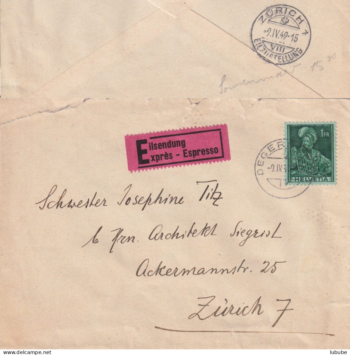 Express Brief  Degersheim - Zürich      1949 - Covers & Documents