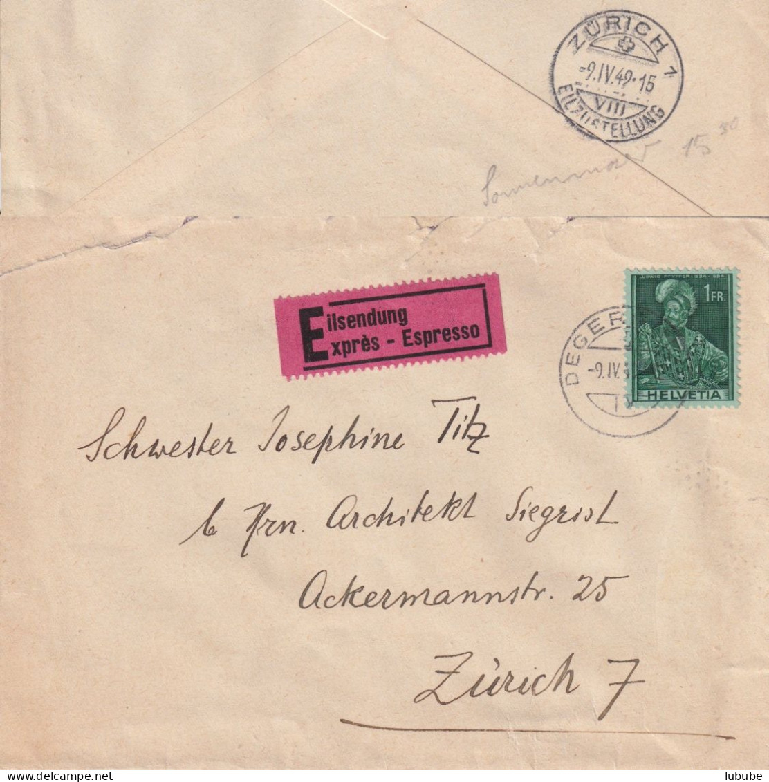 Express Brief  Degersheim - Zürich      1949 - Cartas & Documentos