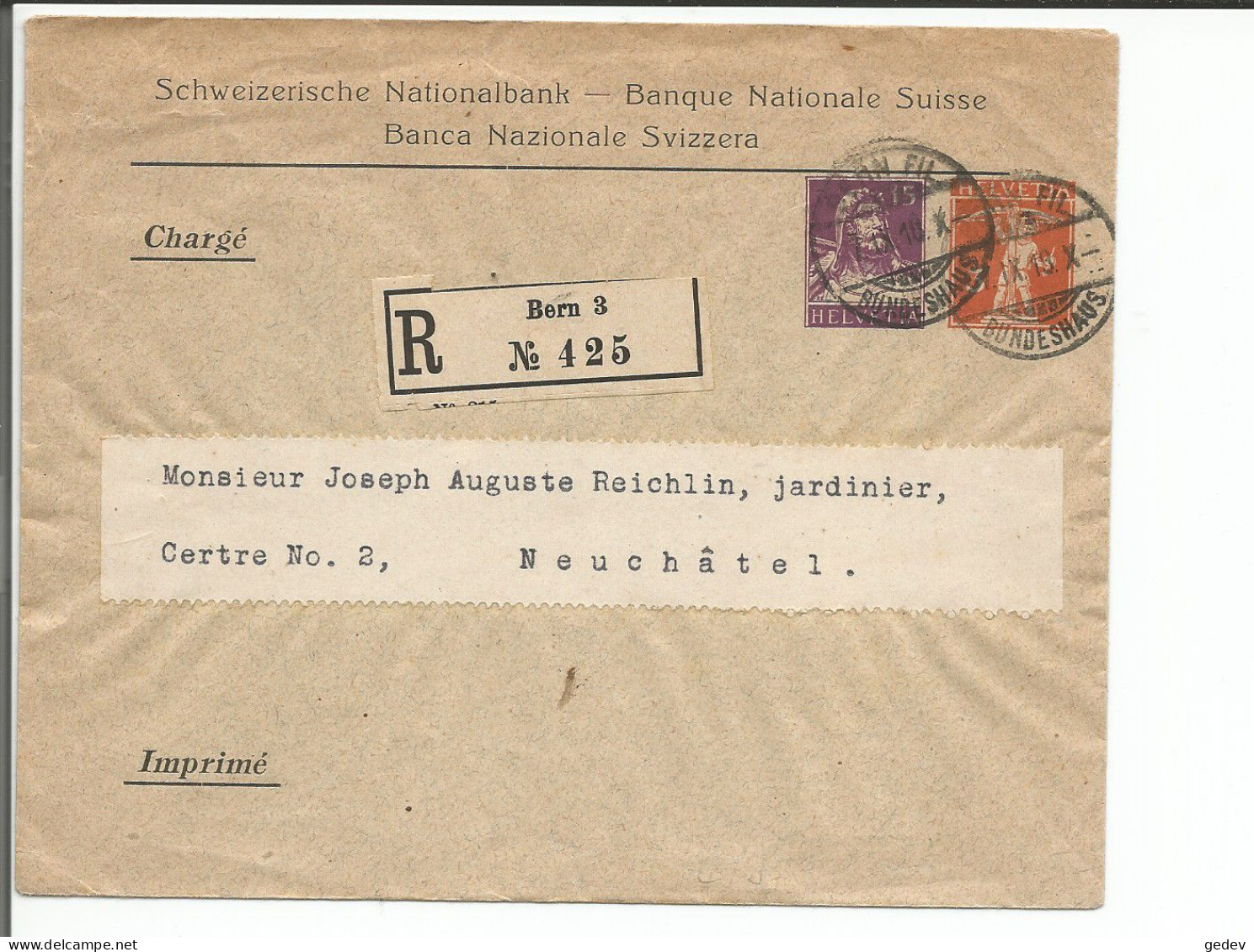 Suisse, Lettre Recommandé 425, Entier Postal Avec 3 Ct Brun Orange Et 15 Ct Violet, BNS Bern - Neuchâtel (7.9.1918) - Postwaardestukken