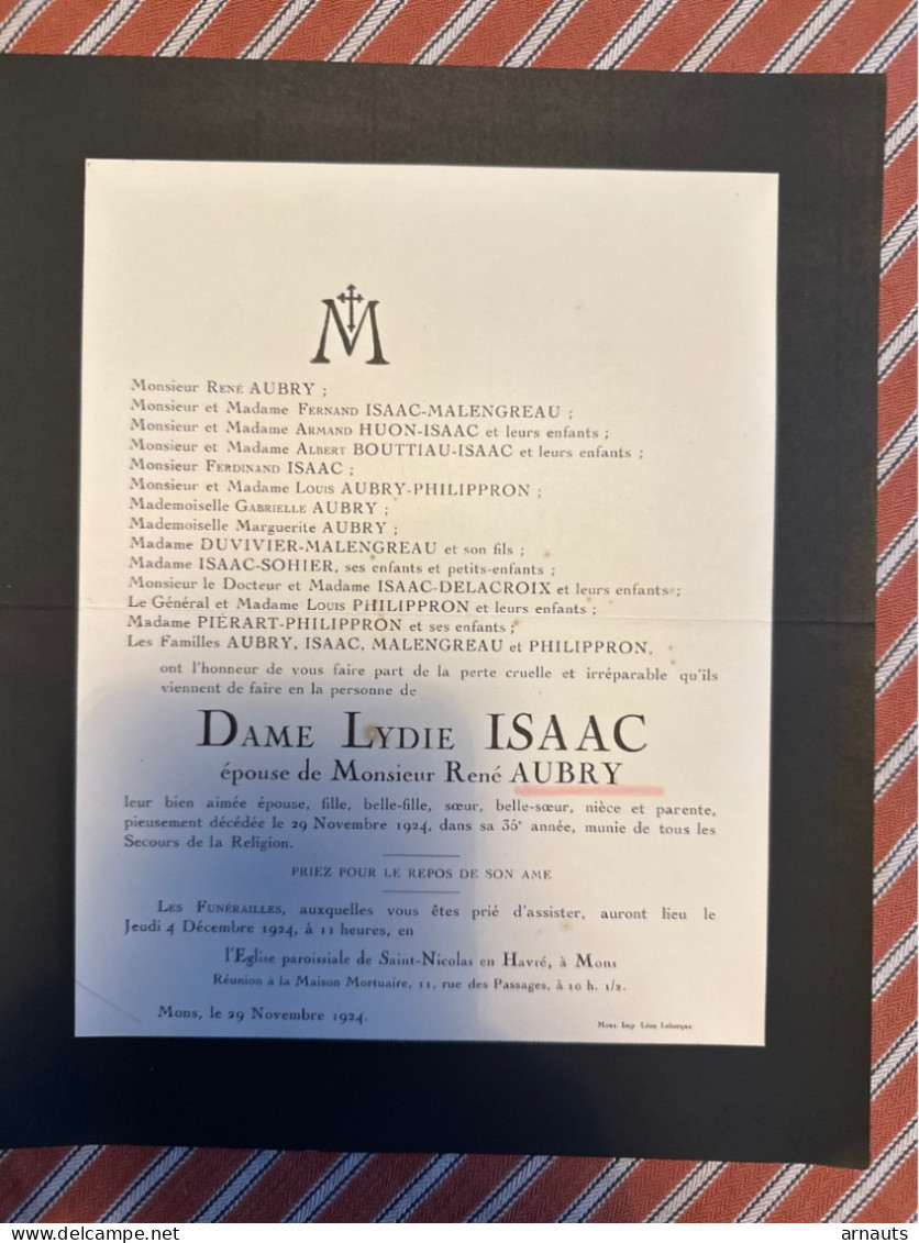 Dame Lydie Isaac épouse Aubry René *1889+1924 Mons Havre Philippron Malengreau Sohier Delacroix Huon Bouttiau Duvivier - Décès