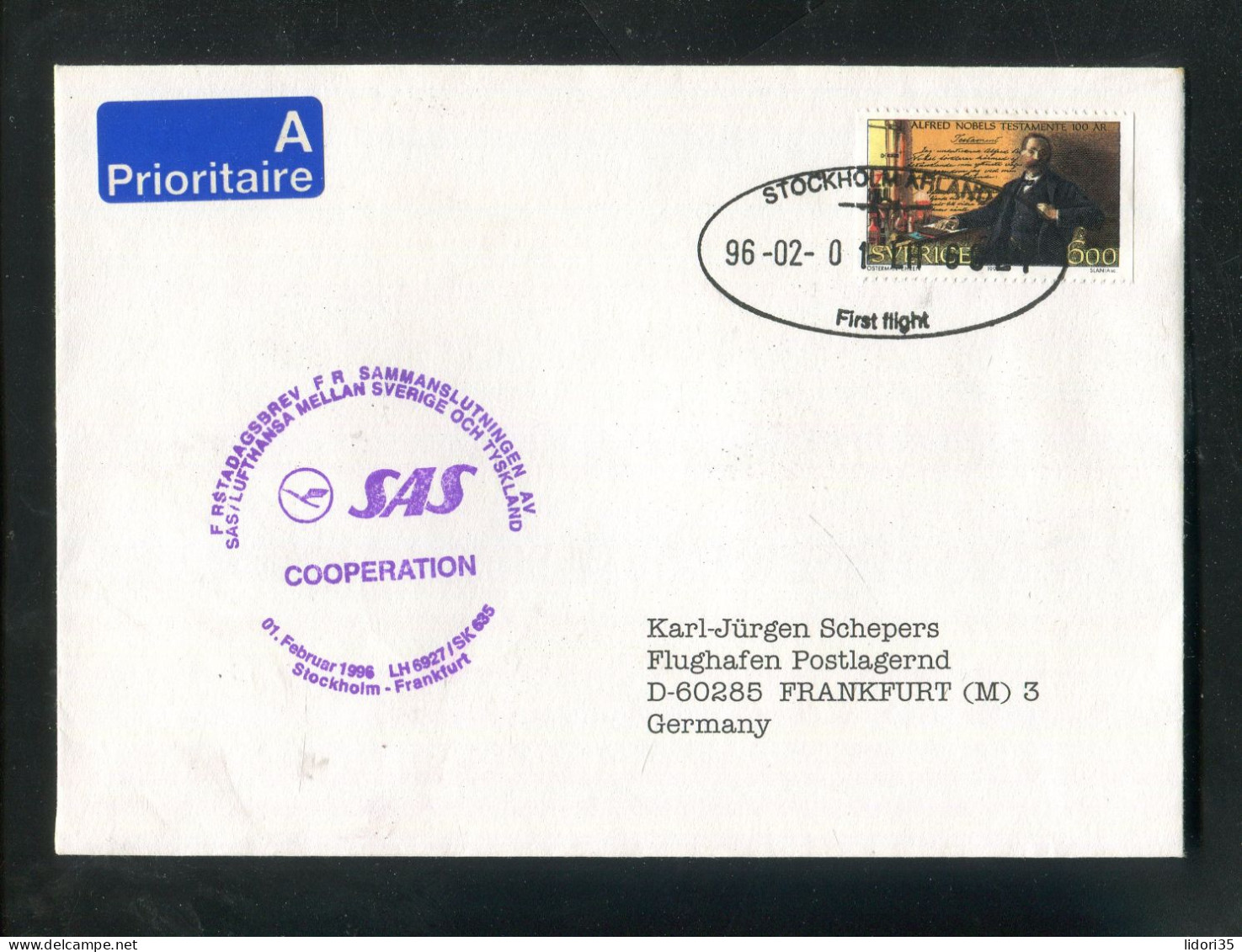 "SCHWEDEN" 1996, Erstflugbrief LH 6927/SK 635 "Stockholm-Frankfurt" (L1155) - Lettres & Documents