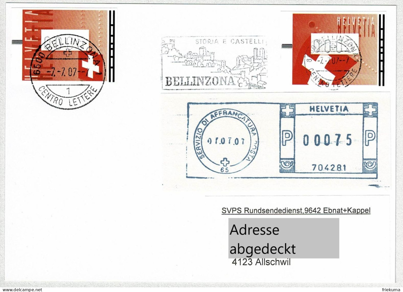 Schweiz 2007, Karte Bellinzona - Allschwil, ATM, Schalterfreistempel Servizio Di Affrancatura Posta, Datum 07.07.07 - Timbres D'automates