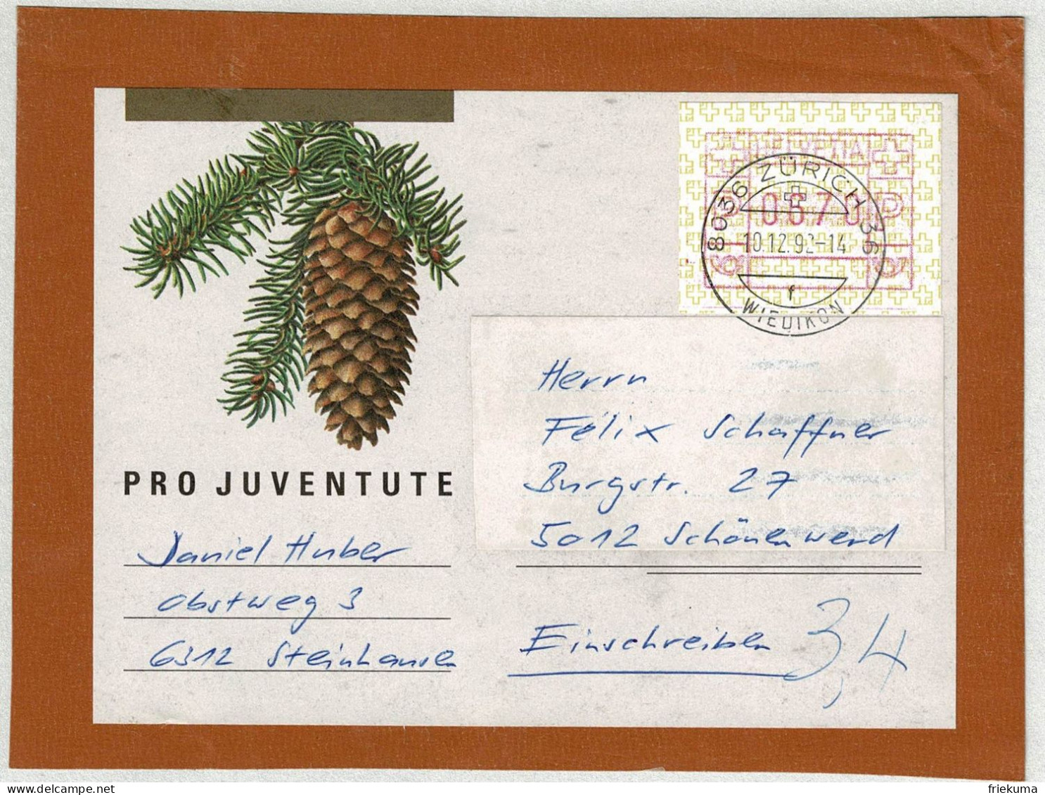 Schweiz 1992, Paketadress-Etikette Pro Juventute Zürich - Schönenwerd, ATM - Automatenzegels