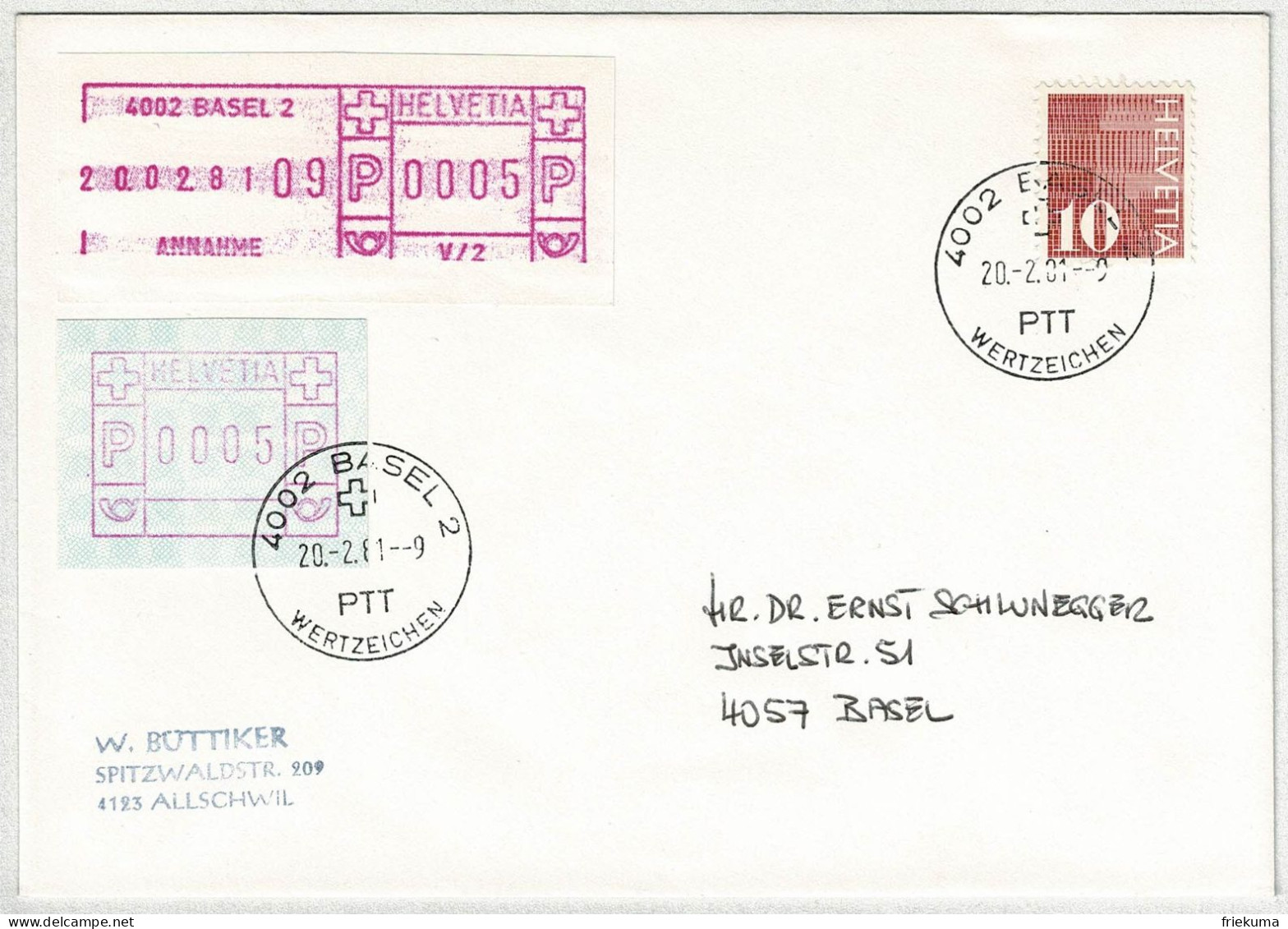 Schweiz 1981, Brief Basel, ATM, Schalter-Freistempel - Automatenzegels