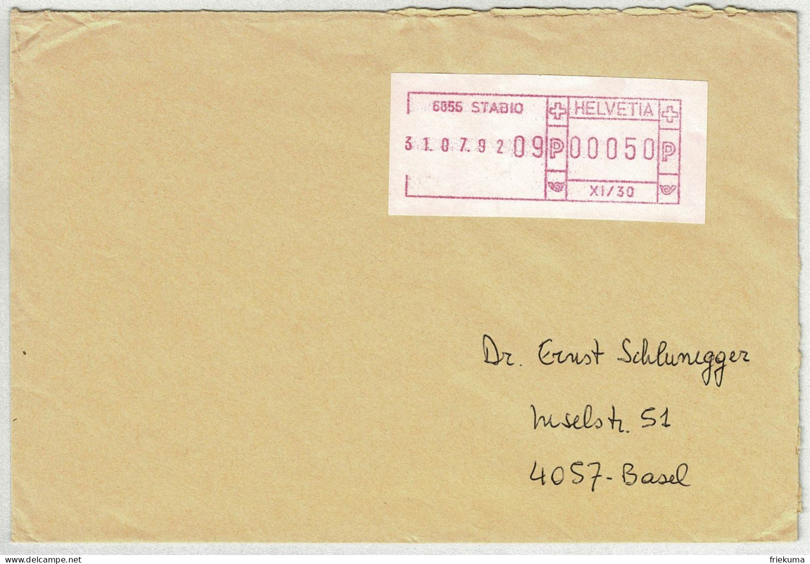 Schweiz 1992, Brief Stabio - Basel, Schalterfreistempel  - Automatenmarken