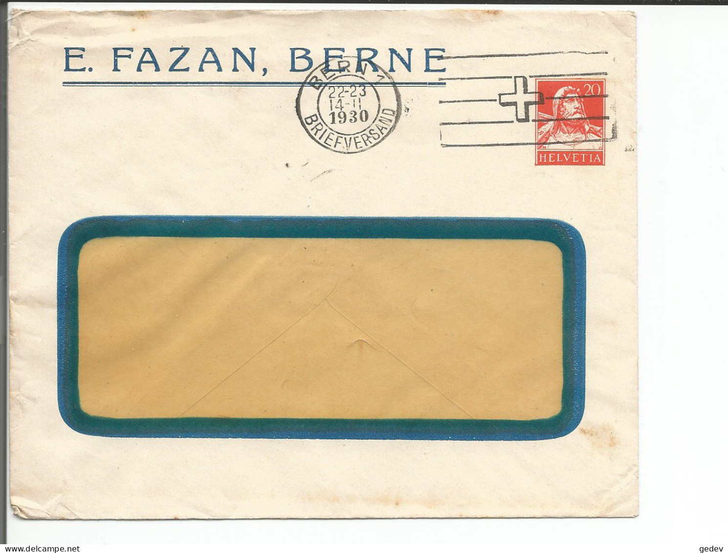 Lettre Suisse, Entier Postal 20 Ct Orange, E. Fazan Berne (14.2.30) - Stamped Stationery