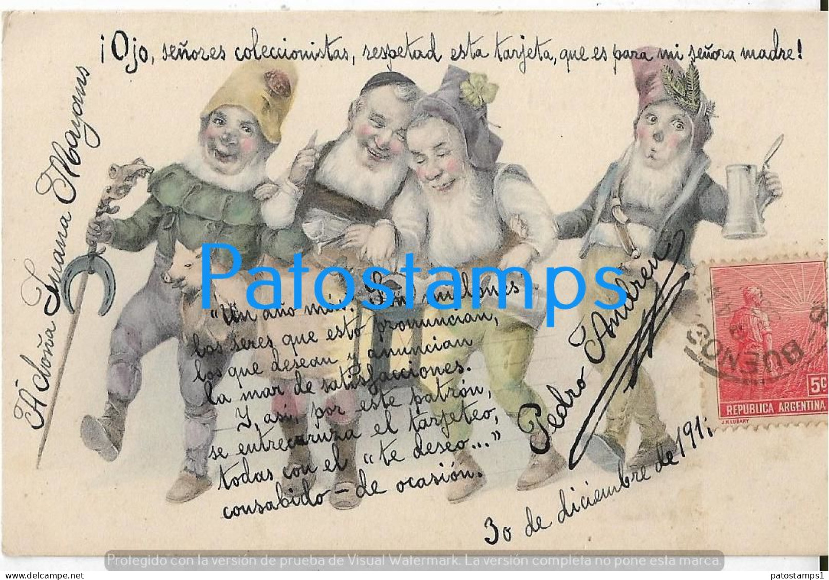 227379 ART ARTE FOUR GNOME AND PIG CIRCULATED TO ARGENTINA POSTAL POSTCARD - Non Classés