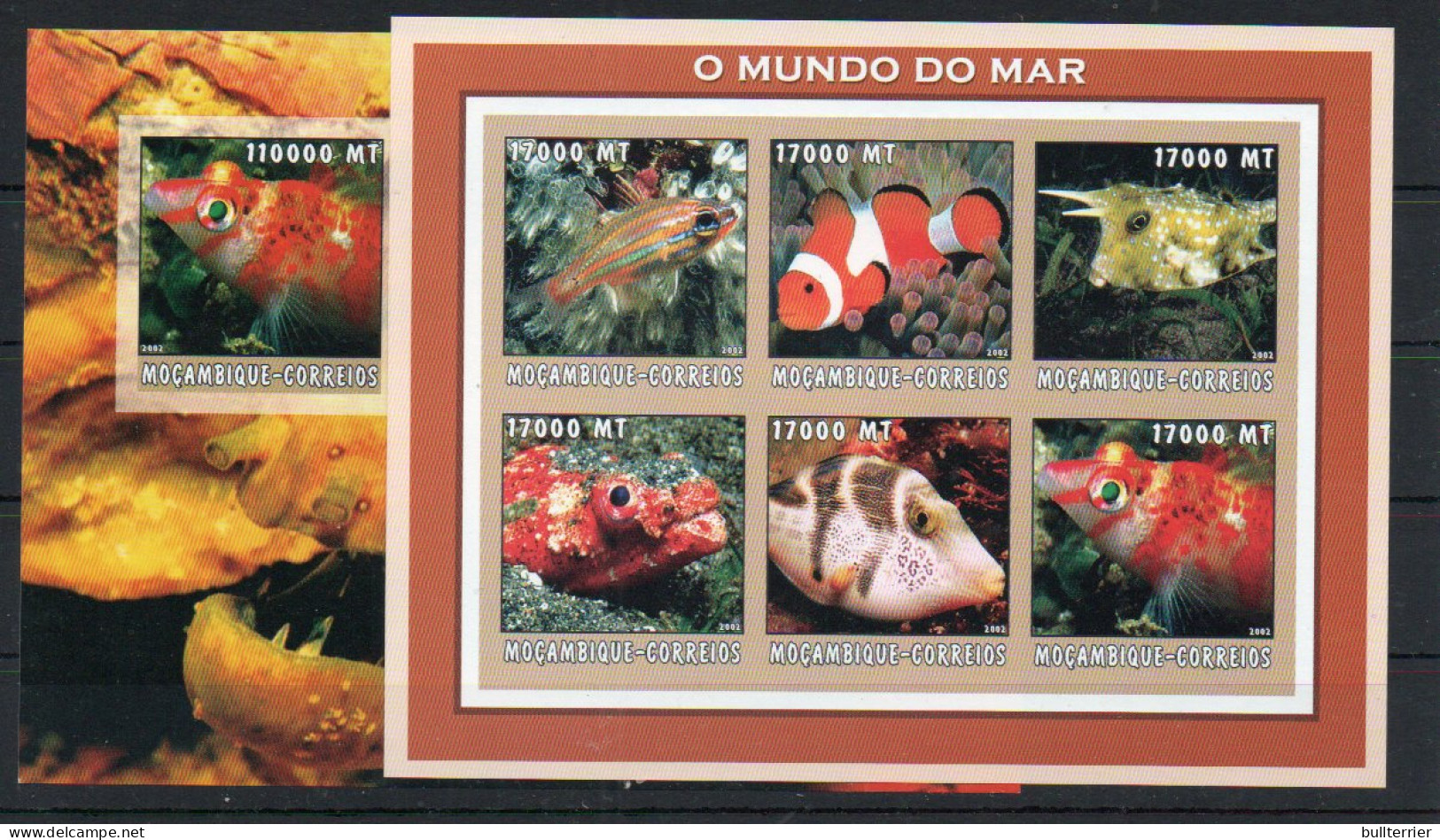 MOZAMBIQUE - 2002 - TROPICAL FISH SHEETLET OF 6 + SOUVENIR SHEET IMPERFORATE  MINT NEVER HINGED - Mozambico