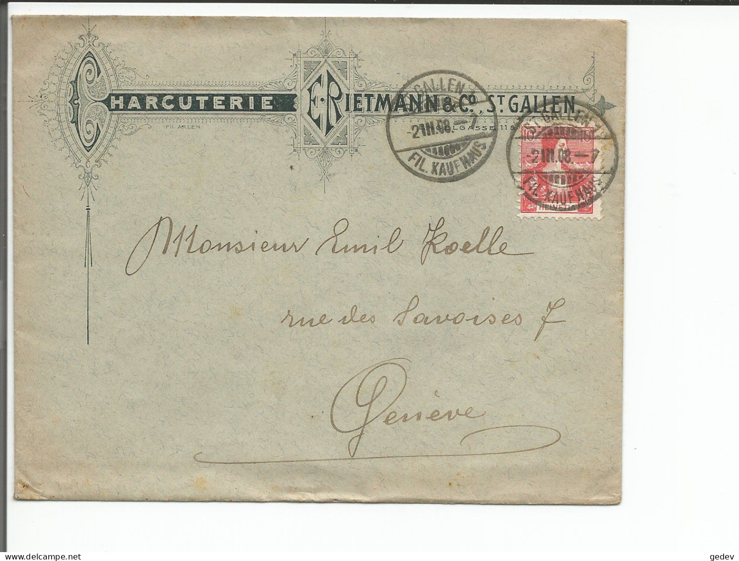 Lettre Suisse, Charcuterie E. Rietmann St Gallen - Genève (2.3.1908) - Lettres & Documents