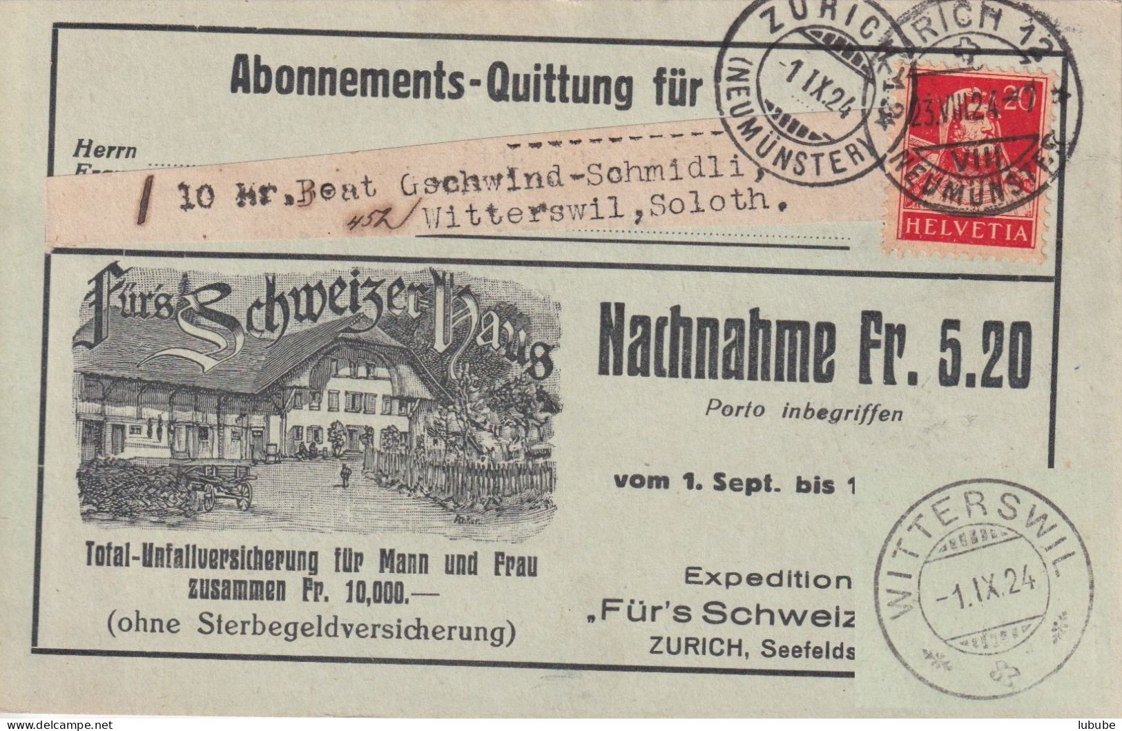 NN Karte  "Für's Schweizer Haus, Unfallversicherung, Zürich" - Witterswil        1924 - Briefe U. Dokumente