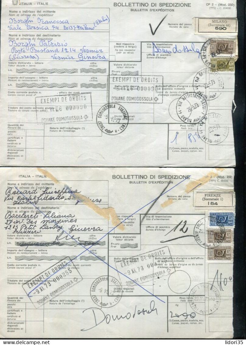 "ITALIEN" 1973, 2 Auslandspaketkarten In Die Schweiz, Frankatur ! (L1161) - Pacchi Postali