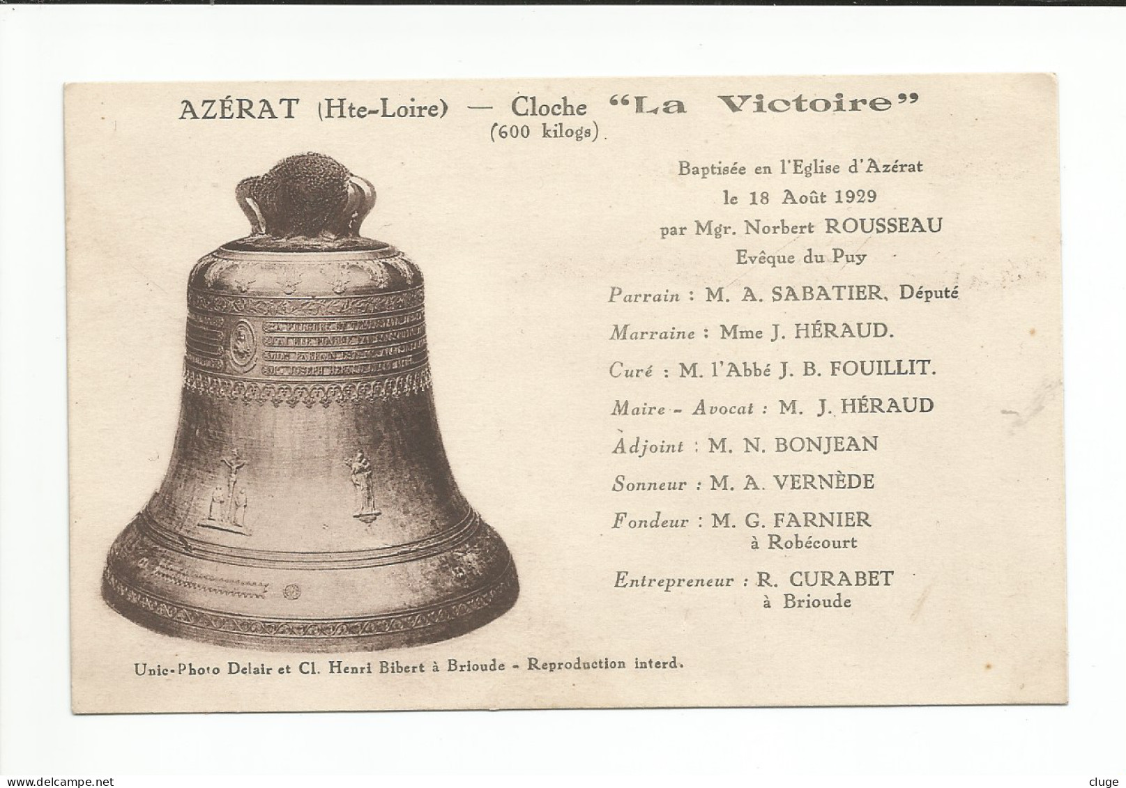 43 - AZERAT - Cloche  " La Victoire "  Baptisé Le 18 Aout 1929 - Otros & Sin Clasificación