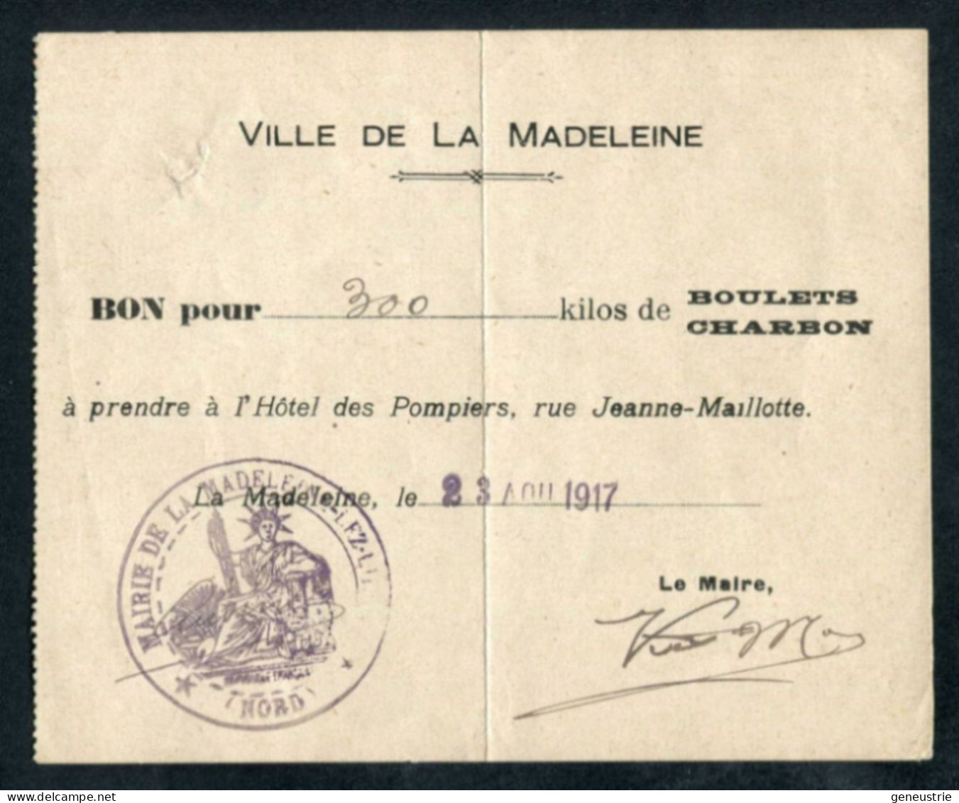 WW1 Jeton-papier Billet De Nécessité "Ville De La Madeleine - Bon Pour 300 Kilos De Boulets De Charbon - 1917" WWI - Monetari / Di Necessità