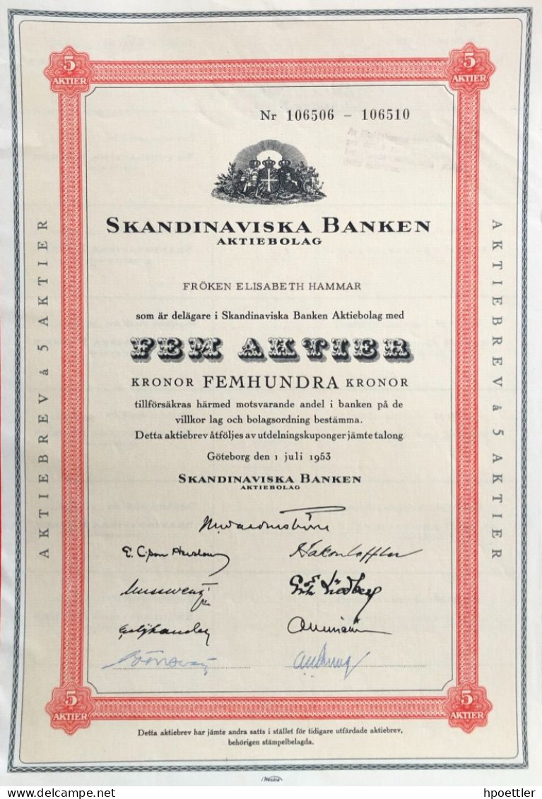 Top: Suède - Göteborg: 5 Actions Skandinaviska Banke Aktienboleg 500 Kronen - Banque & Assurance