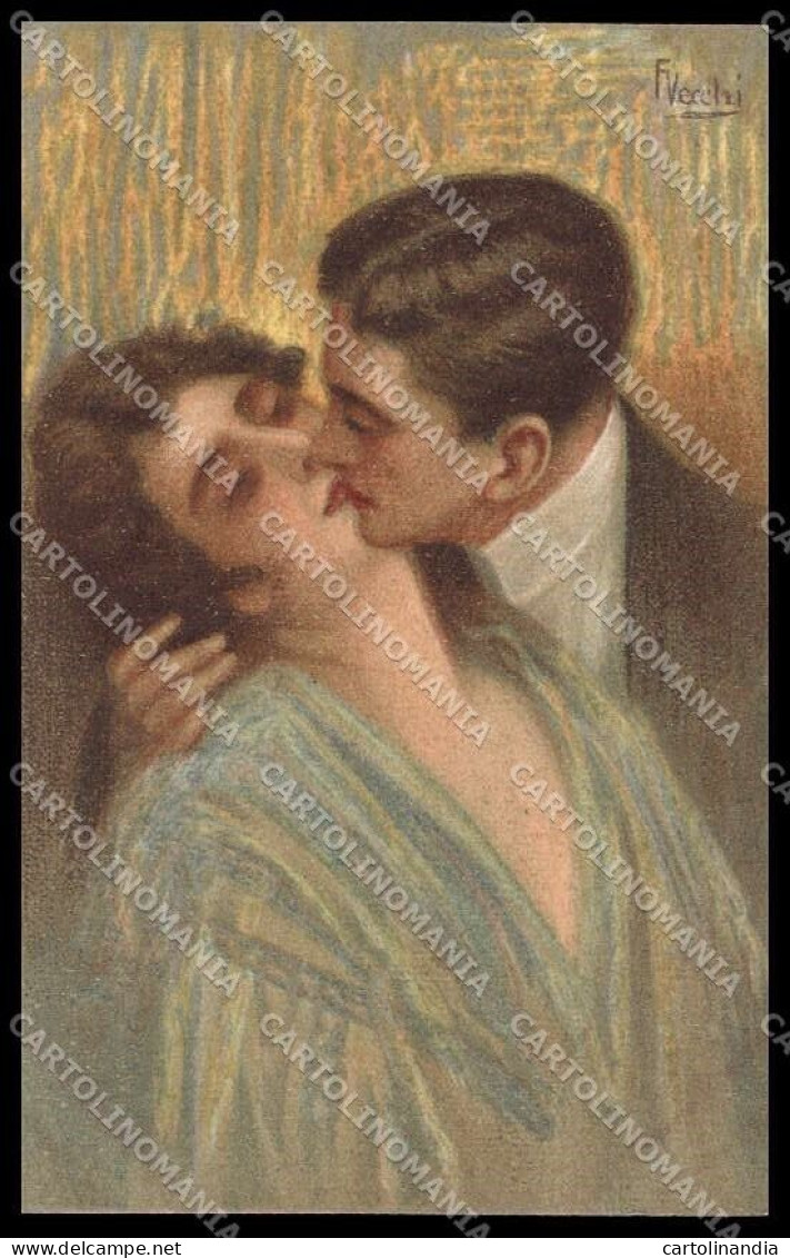 Artist Signed Vecchi Romantic Couple Lady Kiss 220-6 Pc ZG6007 - Andere & Zonder Classificatie