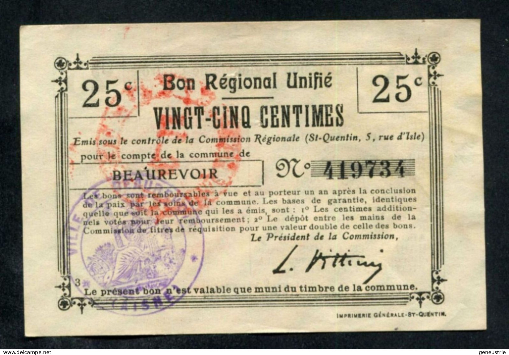 WW1 Billet Monnaie De Nécessité " Bon Régional Unifié - 25 Centimes / Ville De Beaurevoir / Aisne" WWI - Bons & Nécessité