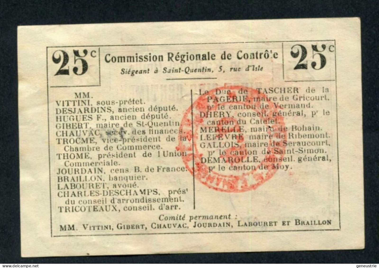 WW1 Billet Monnaie De Nécessité " Bon Régional Unifié - 25 Centimes / Ville De Beaurevoir / Aisne" WWI - Buoni & Necessità