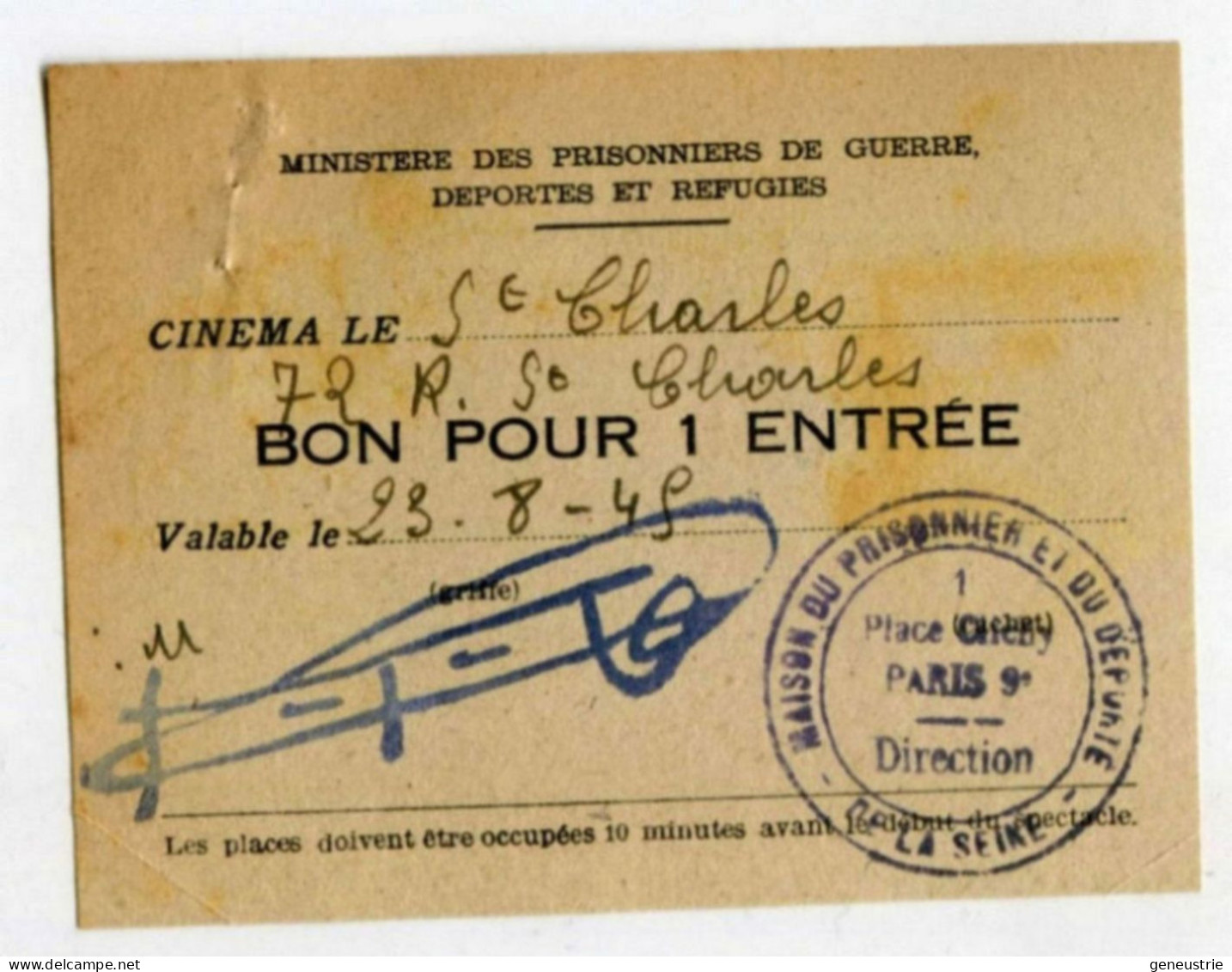 WW2 Bon De Nécessité "Bon Pour 1 Entrée" Ticket Cinéma St Charles - Maison Du Prisonnier Et Du Déporté - WWII - Monetary / Of Necessity