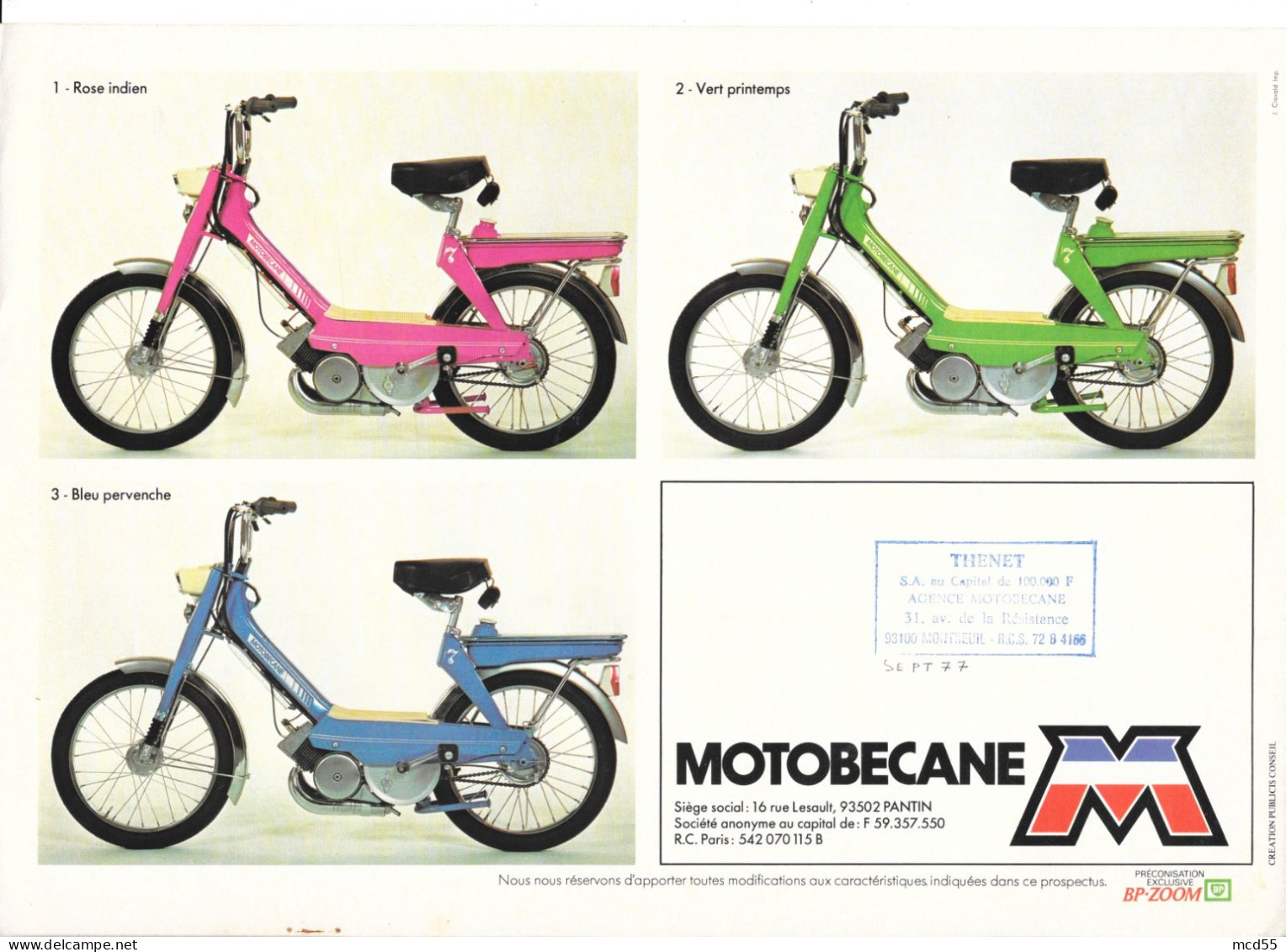 MOTOBECANE-MOBYLETTE - MOTOCONFORT - NOUVELLE GAMME Des 7  " Etablissement THENET - 93 Montreuil " - Trasporti