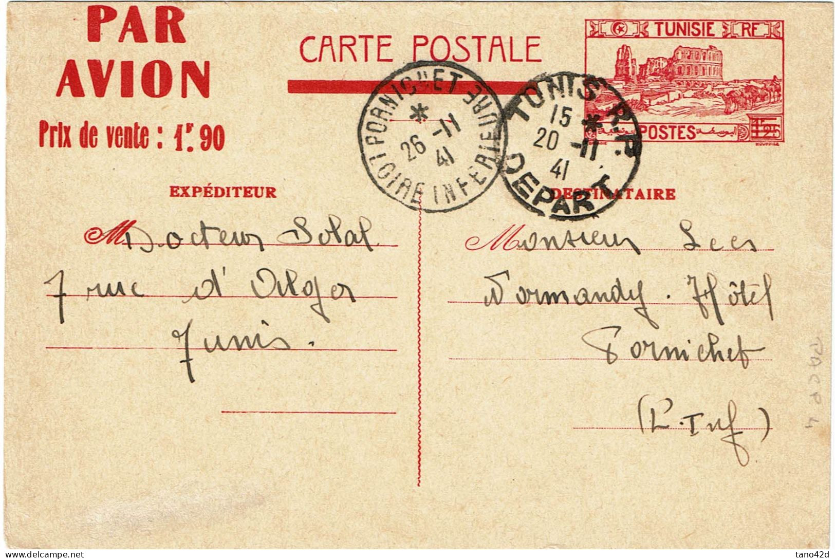 CTN85E - TUNISIE CARTE POSTALE N° PACP5 TUNIS / PORNICHET 20/11/1941 - Briefe U. Dokumente