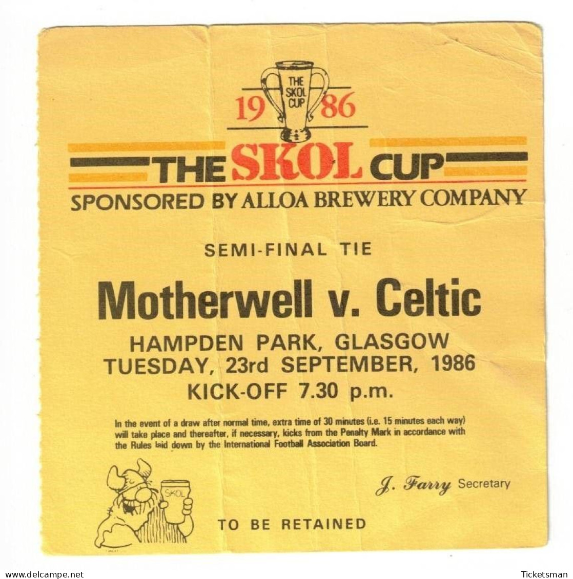Football Ticket Billet Jegy Biglietto Eintrittskarte Motherwell / Celtic FC 23/09/1986 1/2 Final Skol Cup Scotland - Tickets - Vouchers