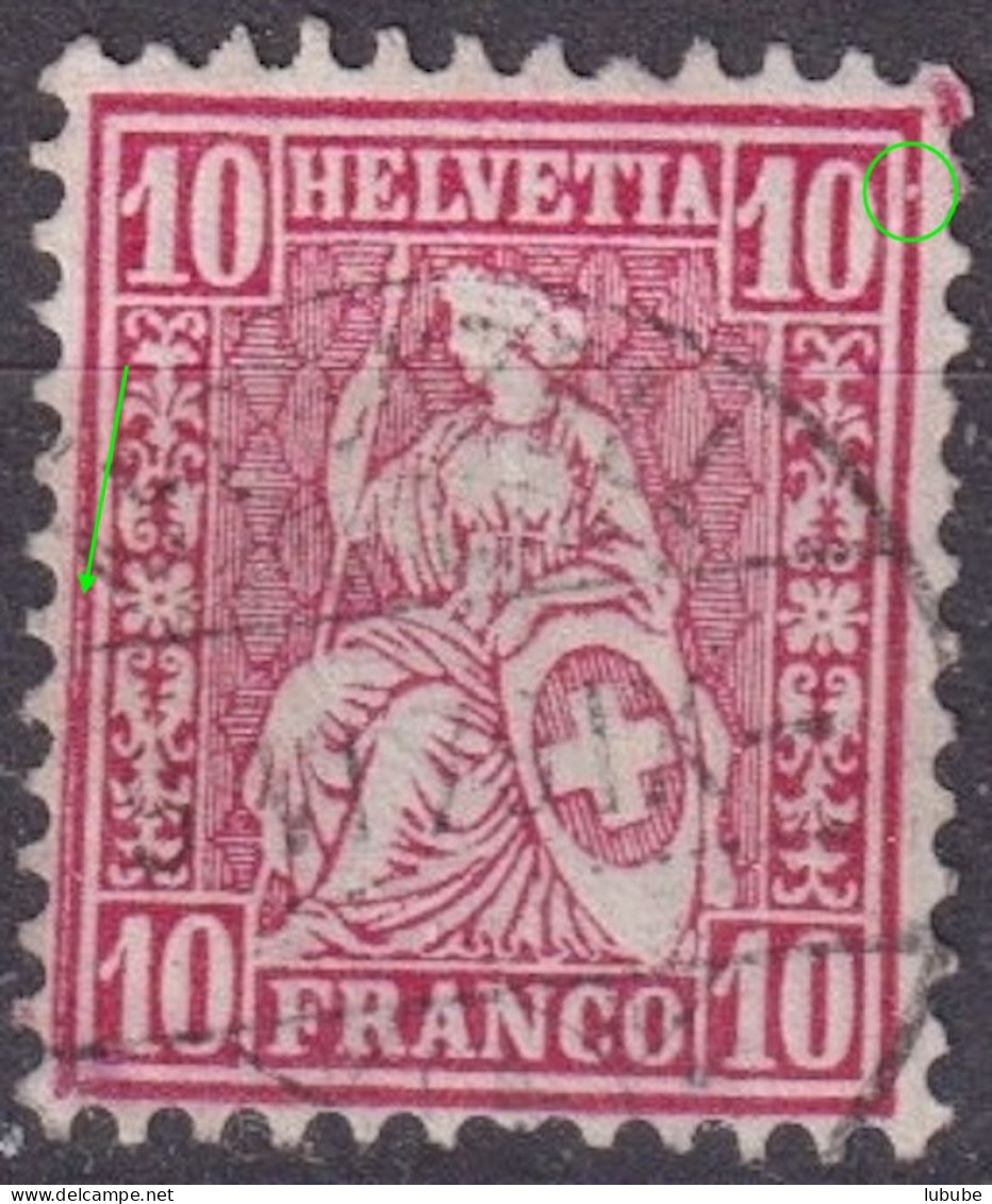 Sitzende Helvetia 38, 10 Rp.karmin  APPENZELL  (Abart)        1879 - Usados