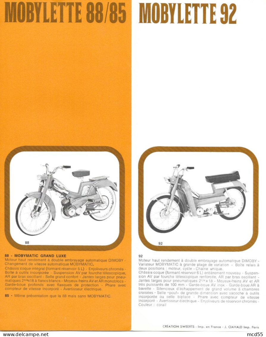 MOTOBECANE - MOTOCONFORT - NOUVELLE GAMME MOBYLETTE  40 / 50 / 85 / 88 / 92" Etablissement THENET - 93 Montreuil " - Transporte