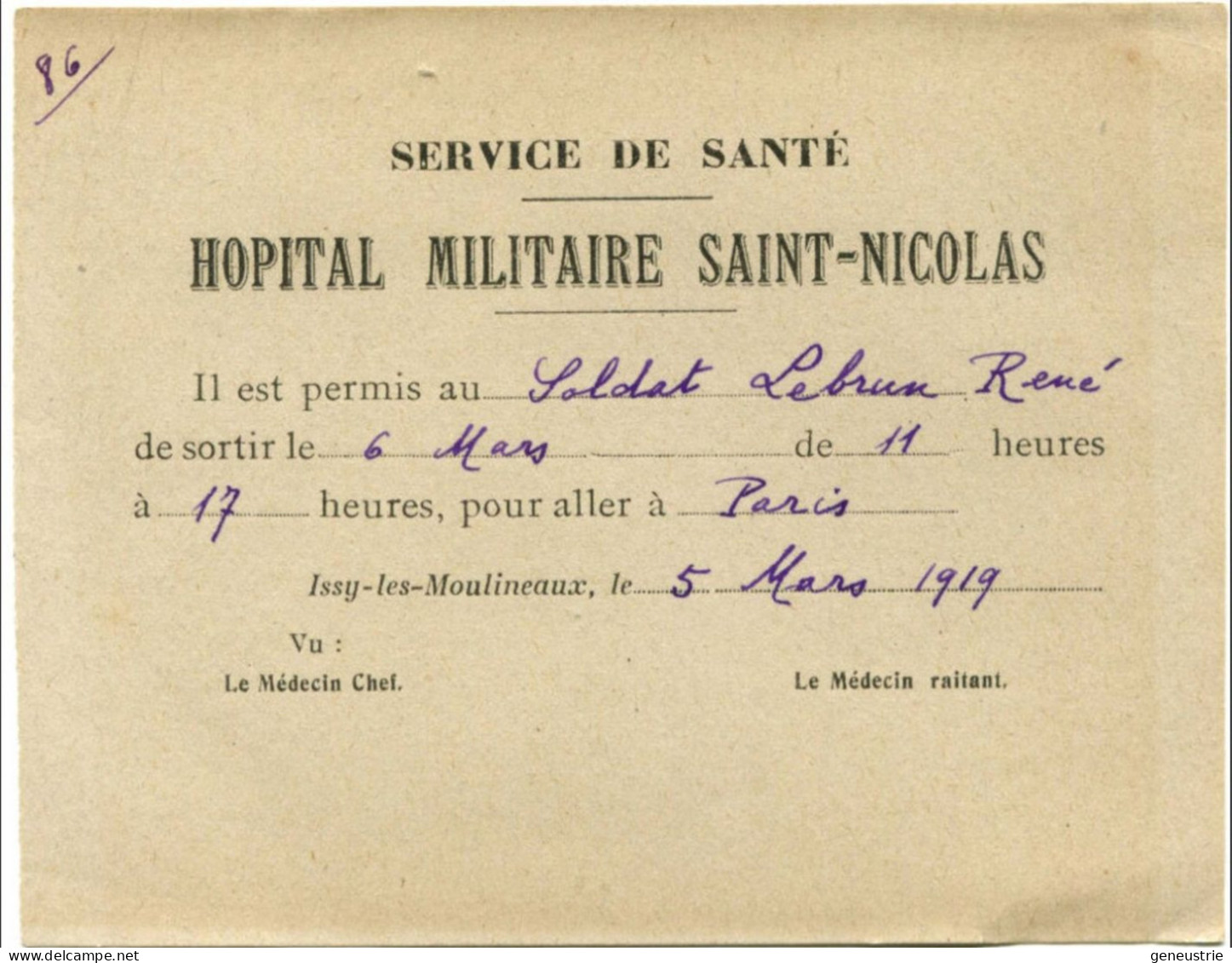 Bon De Sortie 1919 "Hopital Militaire Saint Nicolas" à Issy-les-Moulineaux - WW1 - WWI - 1914-18