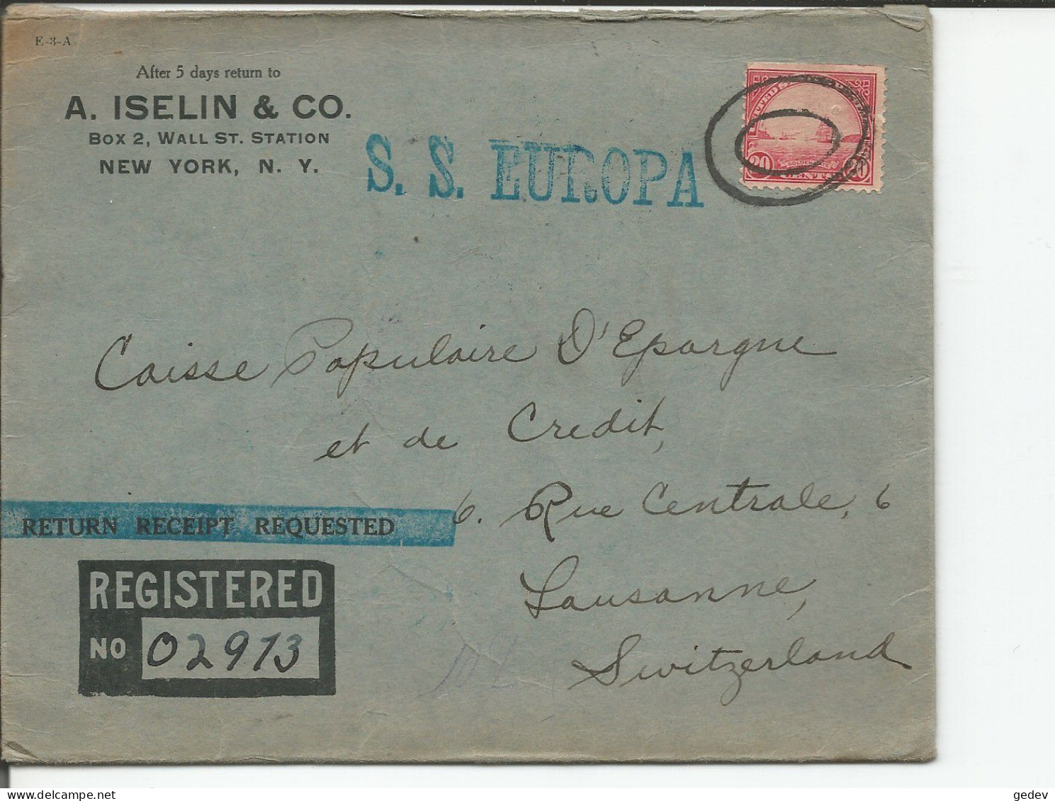 USA, Registered, Recommandé Par Paquebot "S.S. EUROPA" A. Iselin New York - Lausanne CH (24.10.1930) - Marcofilie