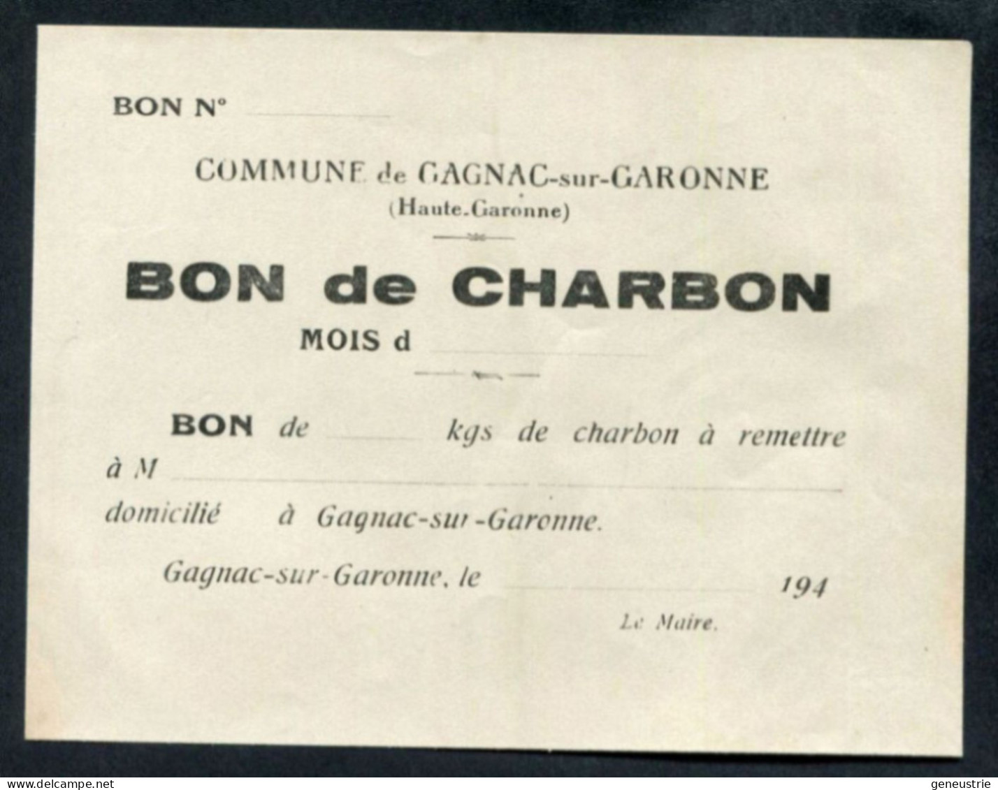 WW2 Billet De Nécessité "Bon De ... Kg De Charbon - Gagnac-sur-Garonne (Toulouse) Années 40" WWII - Buoni & Necessità