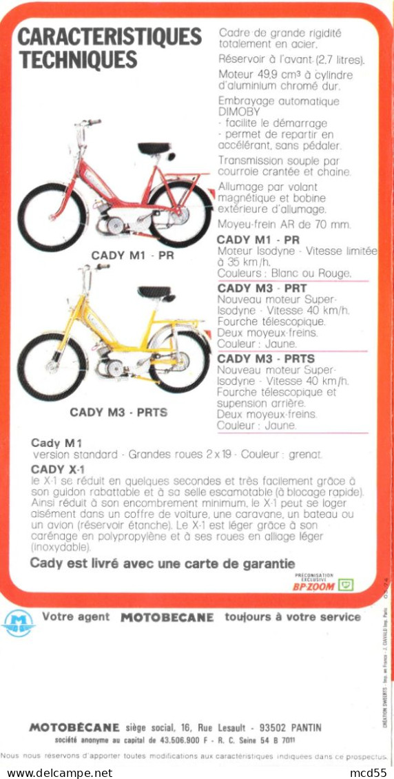 MOTOBECANE - MOTOCONFORT - NOUVELLE GAMME CADY Premier Cyclomoteur  "Etablissement THENET - 93 Montreuil " - Transporte