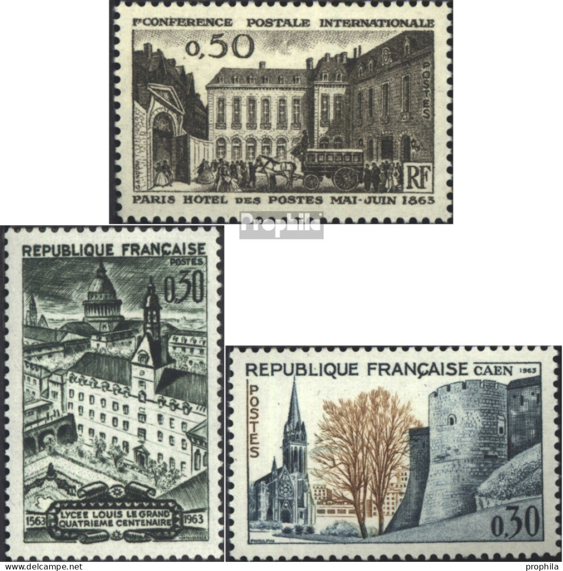 Frankreich 1437,1438,1442 (kompl.Ausg.) Postfrisch 1963 Postkonferenz, Gymnasium, Caen - Unused Stamps