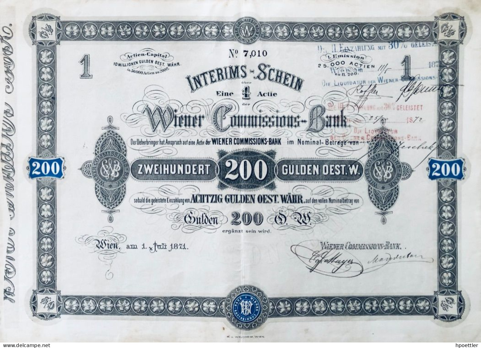 Tres Rare-grand Format: Vienne 1878: Wiener Commissions-Bank 200 Florins - Bank & Insurance