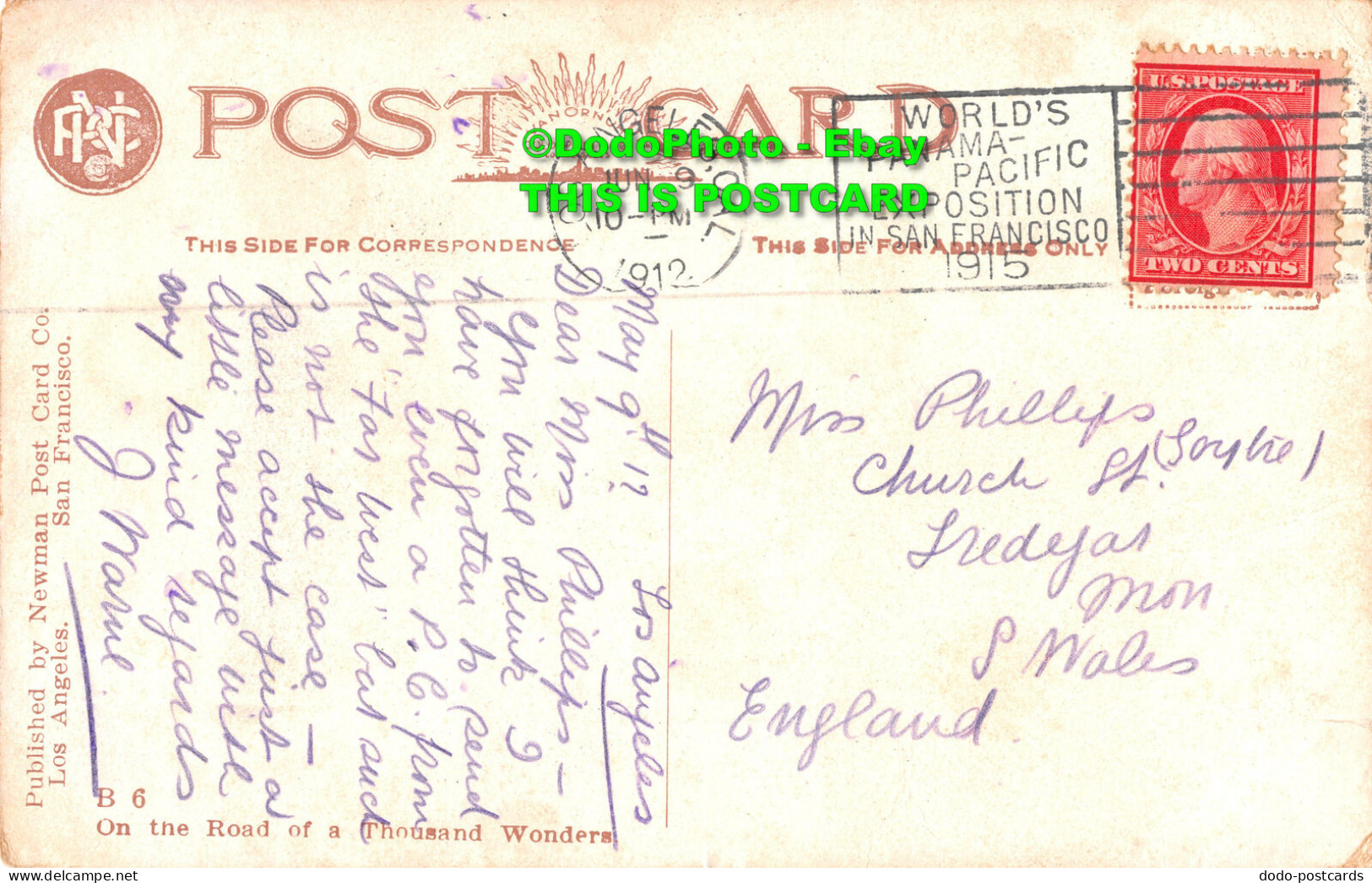 R429124 Mt. Lowe And Mt. Wilson From Pasadena Cal. Newman Post Card. 1912 - Mundo