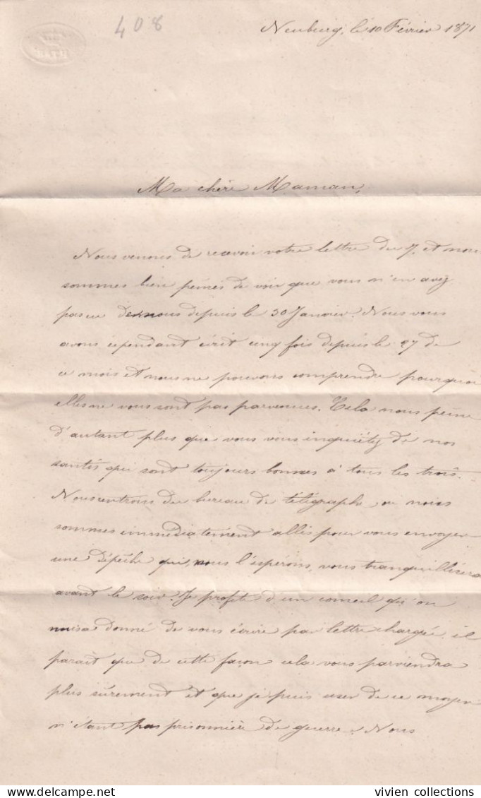 Guerre 1870 Lettre écrite Pendant Le 10/02 1871 Neufburg Pour Nancy (67) Chargée ? Mais Visiblement égarée Reçue Le 8/11 - Guerre De 1870