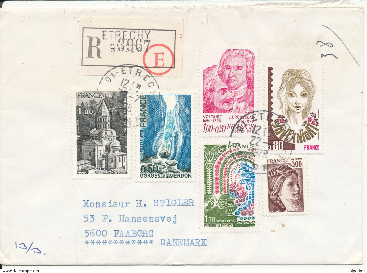 France Registered Cover Sent To Denmark Etrechy 22-7-1978 - Covers & Documents