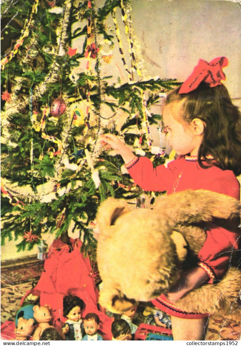 HOLIDAYS, CELEBRATION, CHRISTMAS, CHILD, GIRL, PLUSH, BEAR, TOYS, TREE, GIFTS, CHAMPAIN, ROMANIA, POSTCARD - Autres & Non Classés