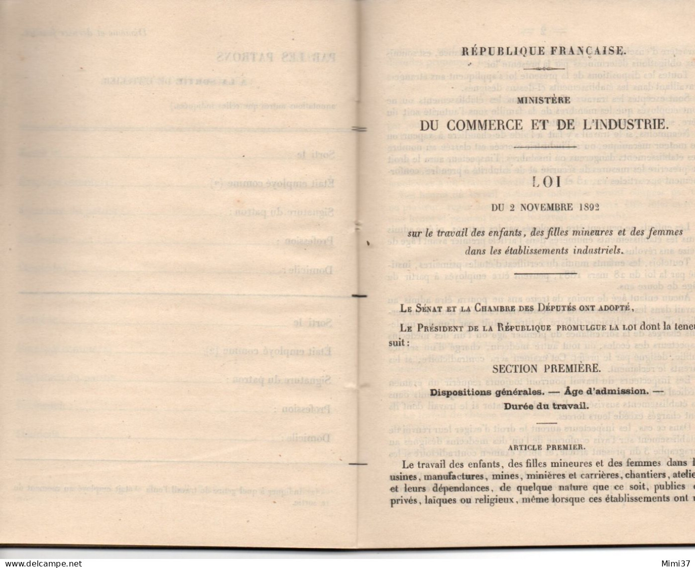 MANTHELAN 37 LIVRET POUR LE SUIVI DU TRAVAIL DES ENFANTS DANS L'INDUSTRIE 1895 BON DOCUMENT - Unclassified