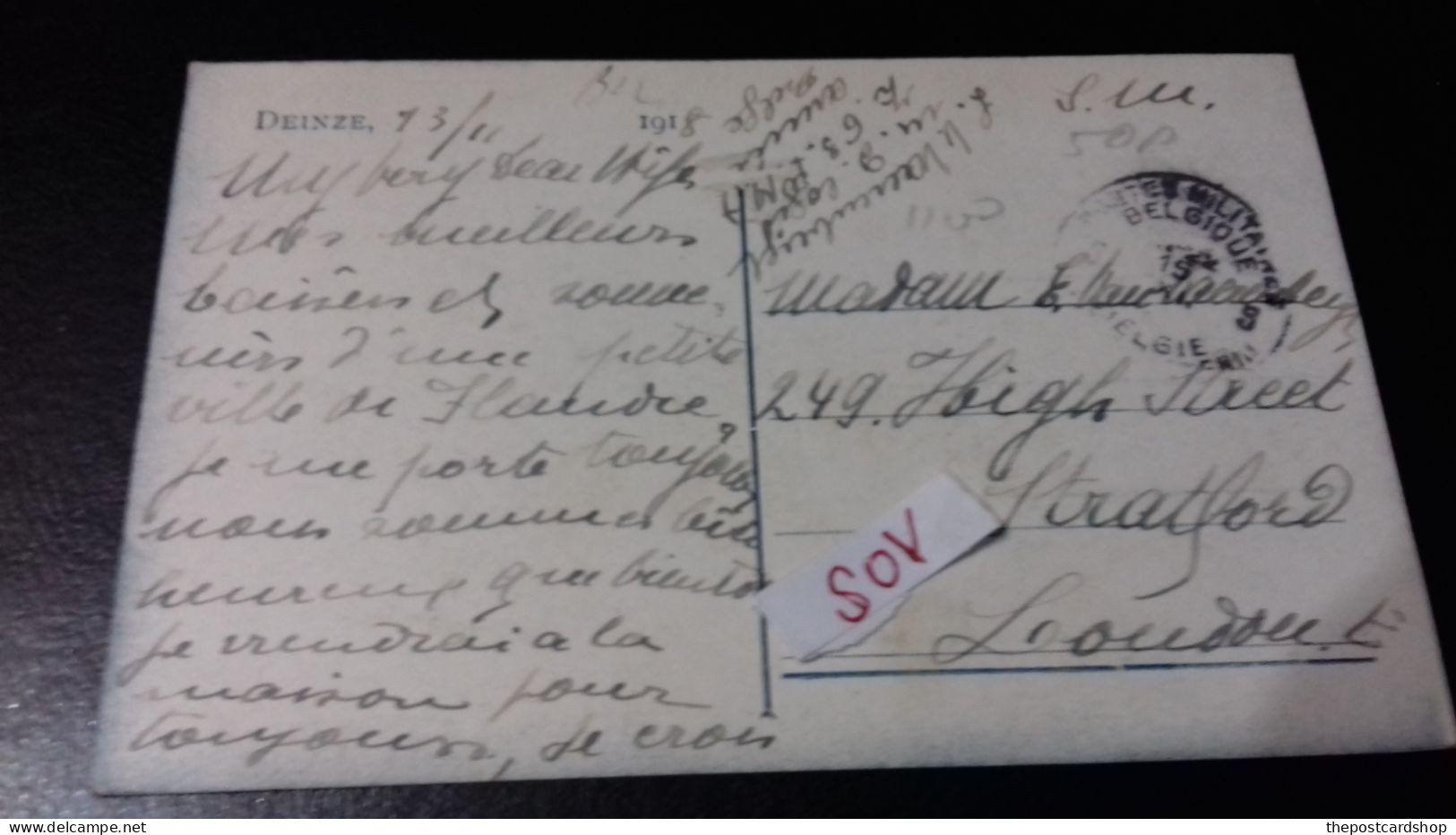 MILITARY POSTMARK WW I 1915 BELGIQUE DEYNZE Grand' Marché - DEINZE Groote Markt TO 249 HIGH STREET STRATFORD LONDON - Deinze