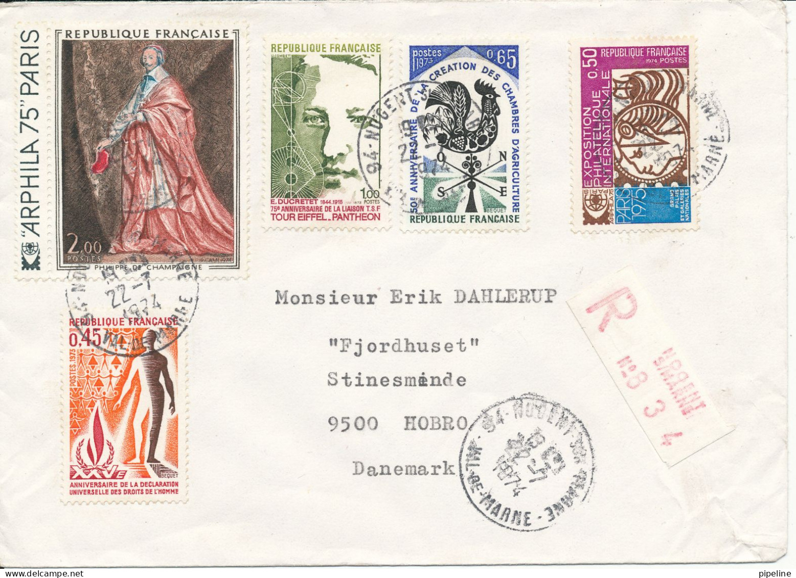 France Registered Cover Sent To Denmark Nogent S/Marne 22-7-1974 Topic Stamps - Brieven En Documenten