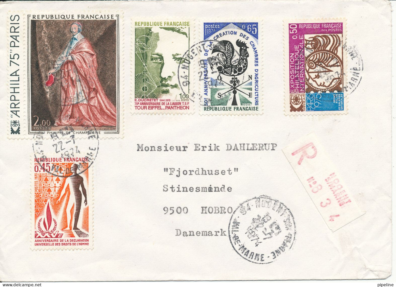 France Registered Cover Sent To Denmark Nogent S/Marne 22-7-1974 Topic Stamps - Cartas & Documentos