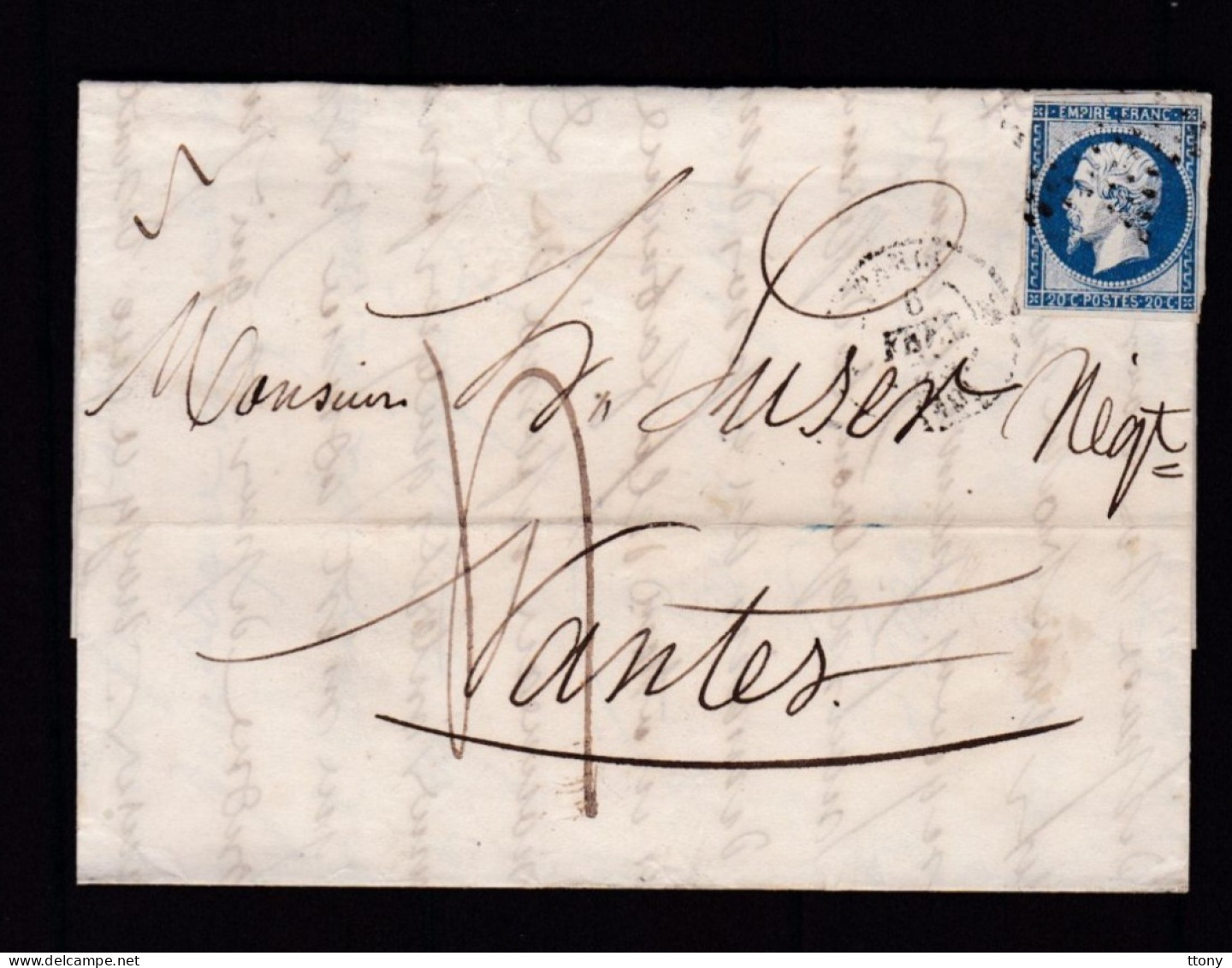 Un Timbre N° 14 Napoléon III  Bleu  Foncé  Sur   Lettre   Destination  Nantes  Année 1856 - 1853-1860 Napoleon III