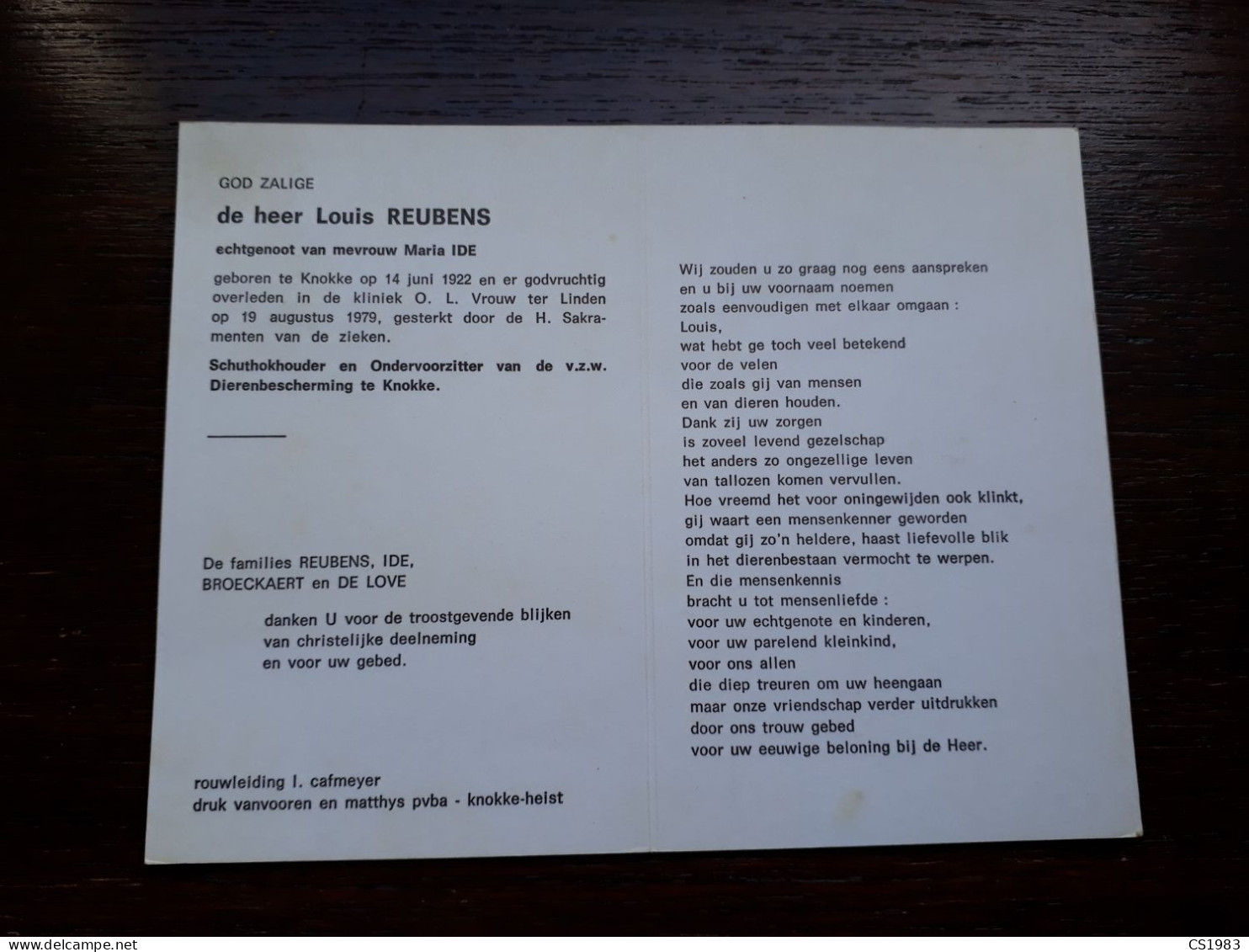 Schuthokhouder - Louis Reubens ° Knokke 1922 + Knokke 1979 X Maria Ide (Fam: Broeckaert - De Love) - Décès