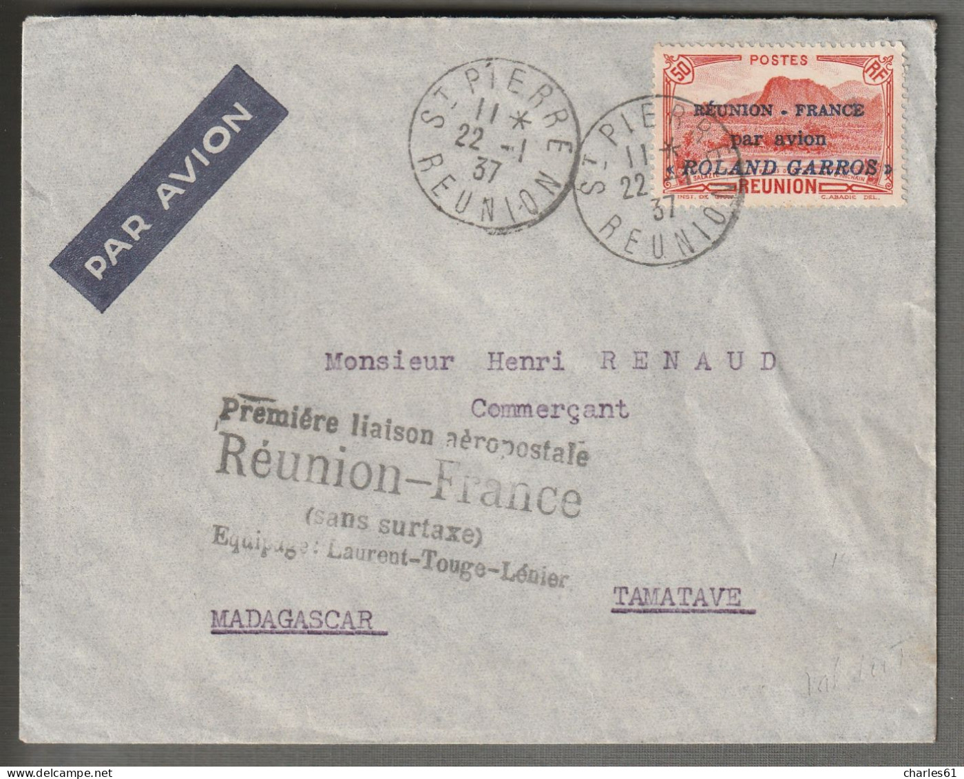 REUNION - LETTRE Avec P.A N°1 " Roland Garros " De ST Pierre Le 22/01/1937 (première Liaison Aéropostale Réunion-France) - Luchtpost