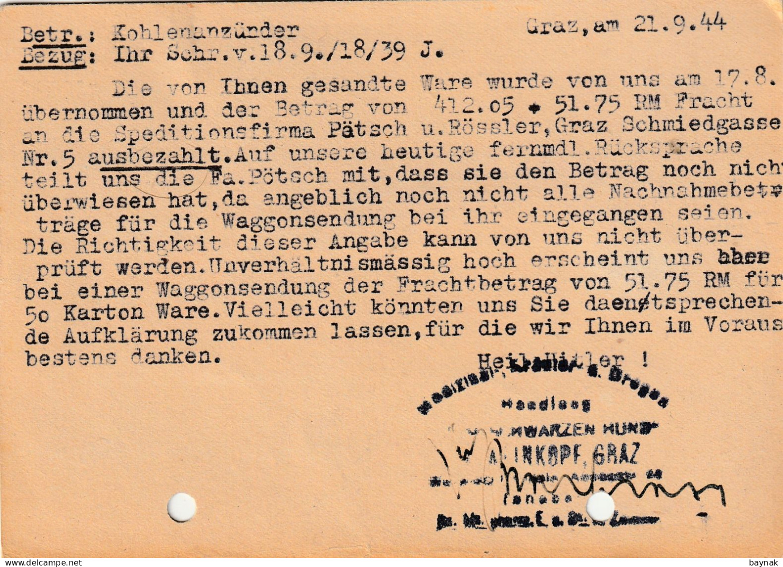 GRAZ  --   POSTKARTE  --  1944  --  M. WEINKOPF  --    ,,  ZUM SCHWARZEN HUND ,, - Lettres & Documents