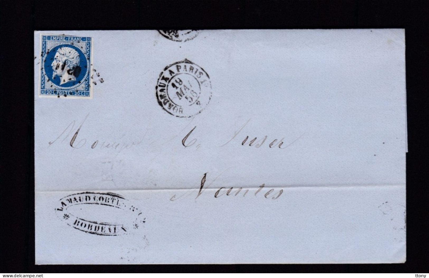 Un Timbre N° 14 Napoléon III  Bleu  Foncé  Sur   Lettre   Destination  Nantes  Année 1856 - 1853-1860 Napoléon III.