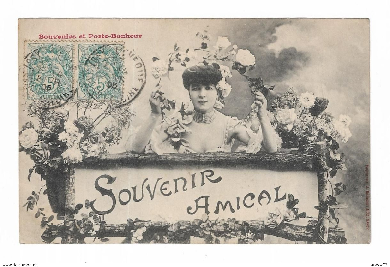 CPA SOUVENIR AMICAL - SOUVENIRS ET PORTE BONHEUR - JEUNE FEMME ET FLEURS - Other & Unclassified